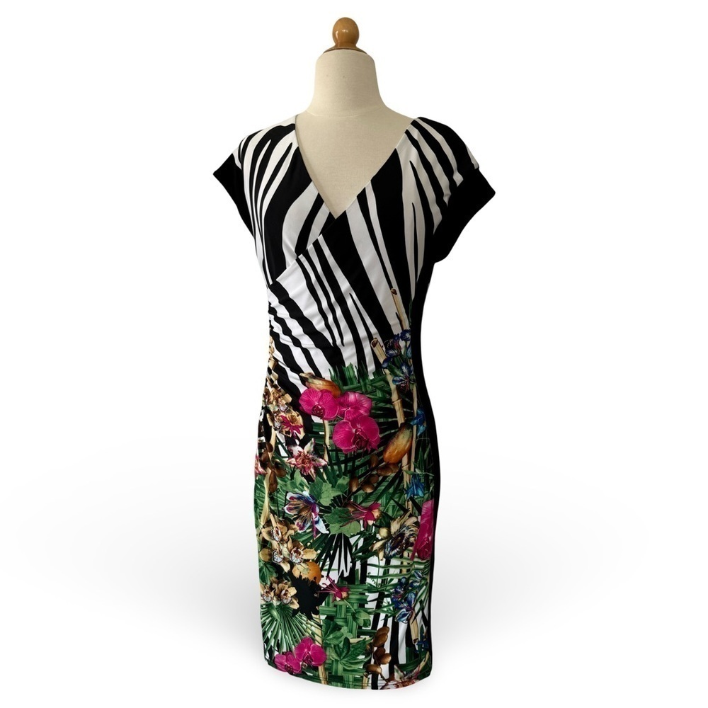 Joseph Ribkoff Zebra‎ Tropical print Jersey V- Neck Bodycon Dress